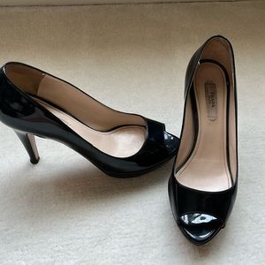Black Prada peep toe patent leather heels, size 35.5